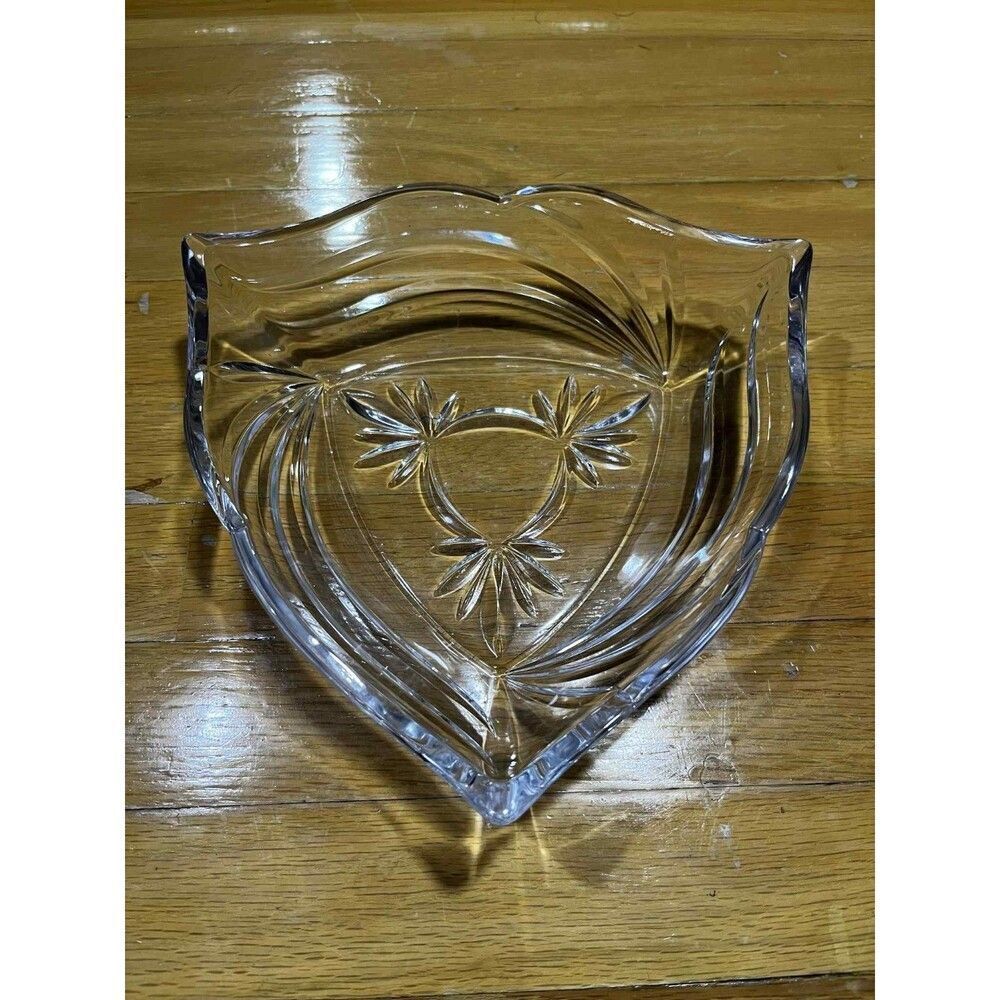 Vintage Pressed Crystal Glass Triangular Serving Dish Starburst Shield Leaf 9"